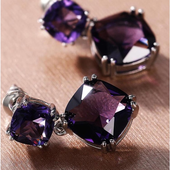4 Ct Cushion Cut Simulated Amethyst Drop Dangle 14K White Gold Plated Earrings - Picture 6 of 11